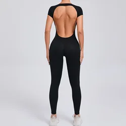 Seamless Yoga Jumpsuits Sports Fitness Hip-lifting Short-sleeved Backless One-piece Workout Gym Leggings Bodysuits for Women