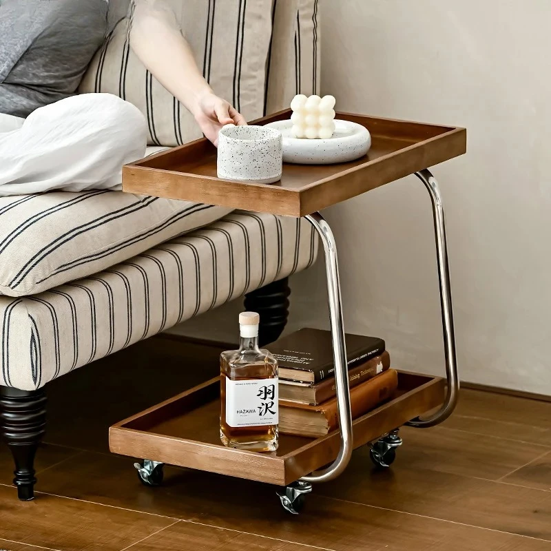 Retro Wooden Sofa Side Table with Rolling Storage Minimalist Living Room End Table Vintage Tea Stand