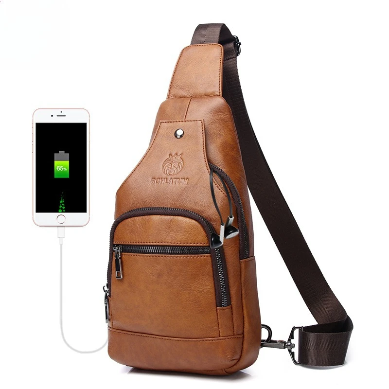 

Cowhide Mens Chest Crossbody Vintage Style USB Charging Front Carry Commuter Outdoor Lightweight Genuine Leather Shoulder Bag