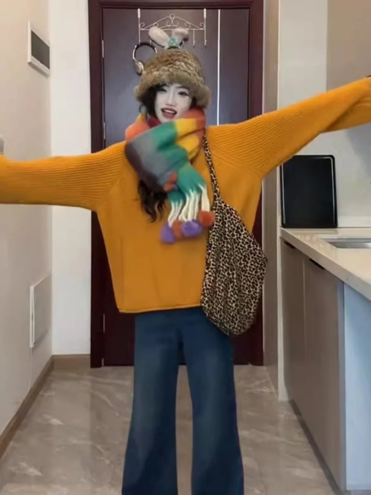 Orange runder Ne Pullover Pullover Damen Herbst Winter Korean Sle Lazy Faion Strickoberteil Warm Lang Sve Casual irt