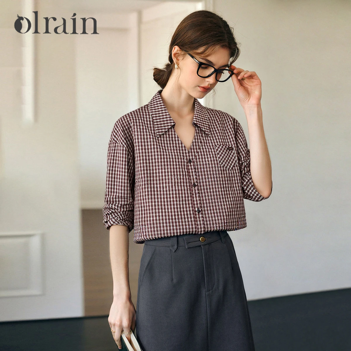 

OLrain Red Plaid Shirt Casual Turn-Down Collar Ladies Blouse 2026 Spring Vintage Loose Fit Pure Cotton Female Shirts O58CC002612