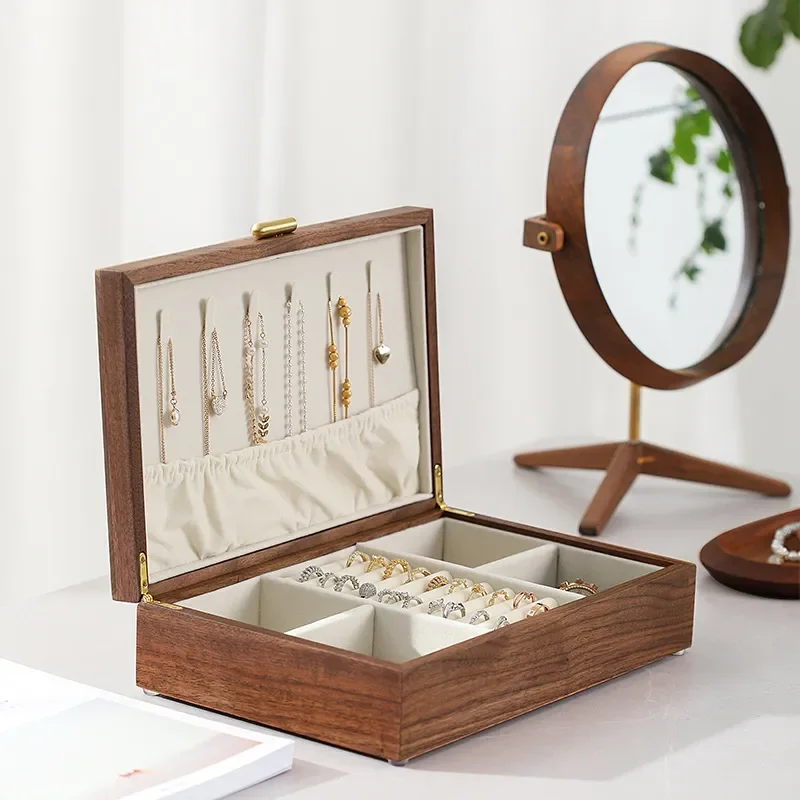 Black Walnut Double Layer Jewelry Box for Necklace Earrings Ring Solid Wood Storage Case Premium Light Luxury Design Wedding