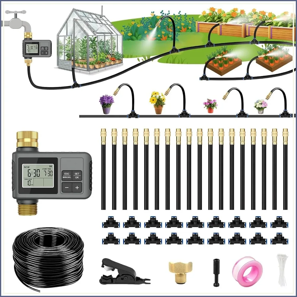 

Smart Drip Irrigation System 60ft with Brass Connectors, Adjustable Nozzles & Bendable Tubing for Garden
