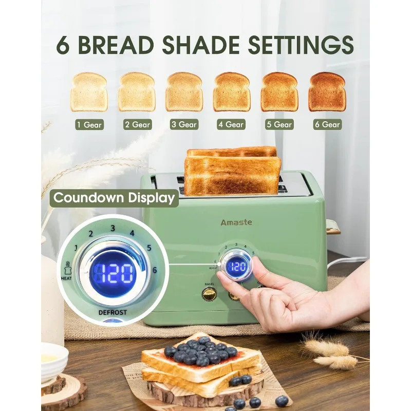 2 Slice Retro Bread Toaster with LED Digital Countdown Timer, Extra Wide Slots Toasters 6 Bread Shade Settings