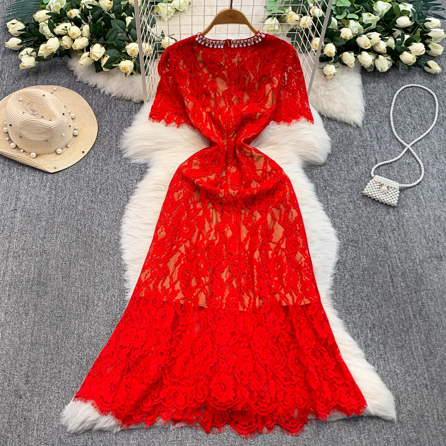 Abito vintage chic a maniche corte con perline Elegante fata moda coreana Boho Sundress abbigliamento donna