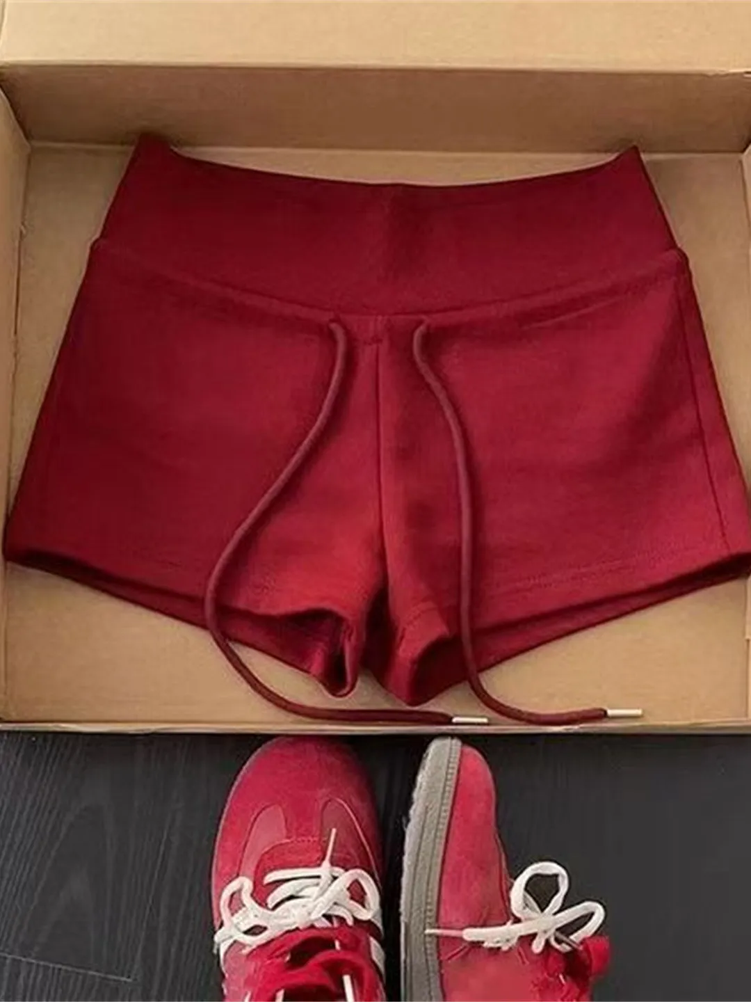American Style Red Sporty Shorts Women's Casual Wear Summer Base Layer Pants Trousers with Drawstring High Waist Straight Leg