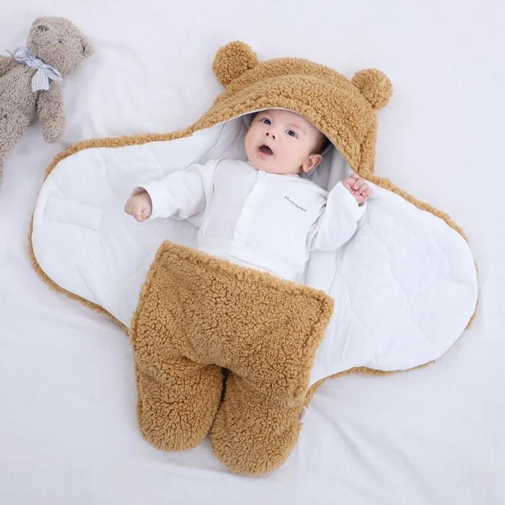 

Cute Warm Newborn Swaddle Wrap Imitation Berber Fleece Soft Newborn Baby Sleeping Bag Bear Ears Thicken Baby Blanket Infant