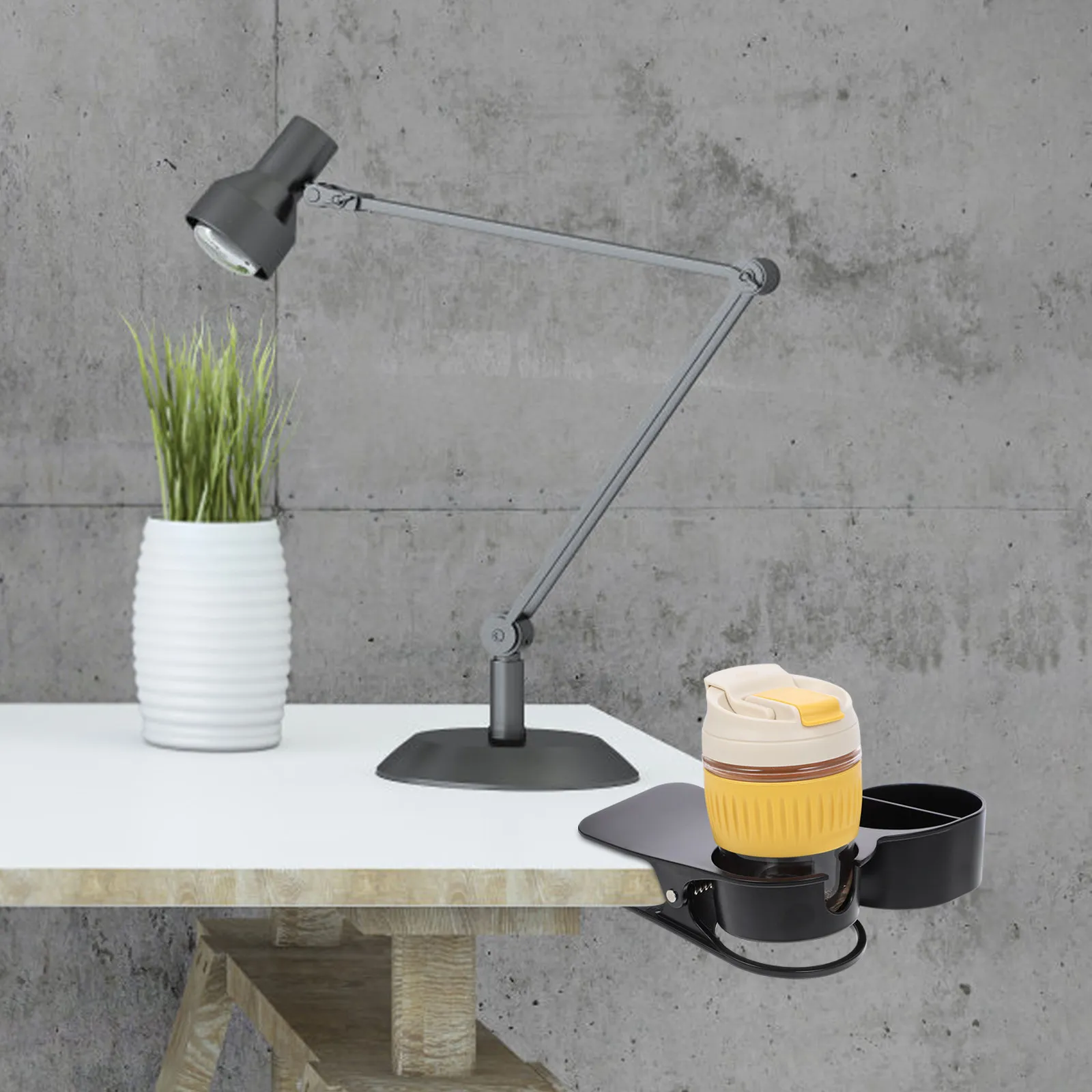 

Blue Multifunction Desk Side Cup Holder Clip Portable Mug Holder Clamp for Cold Drink Phone Cosmetics Stationery USB Cable Slot