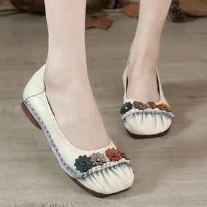XIHAHA Genuine Leather Classic Flowers Ladies' Fashionable Shoe Flats Famous Banquet Wedding Shoes Flat Soft Trendy Shoes