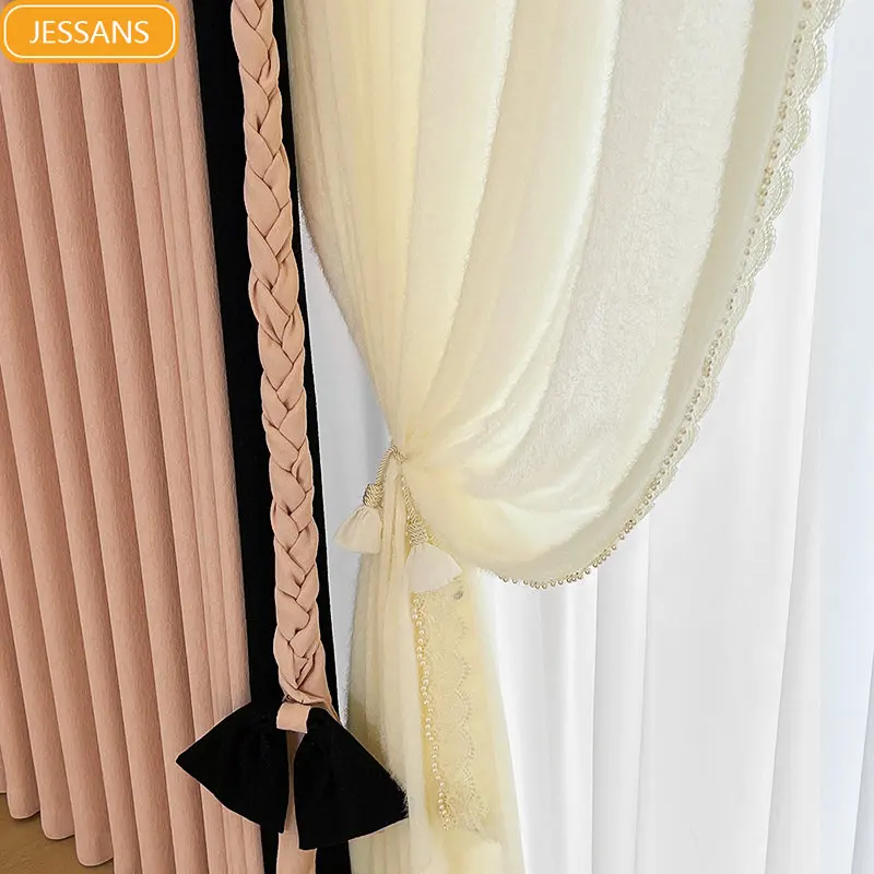 

New Pink Jacquard Thickened Fried Dough Twists Braid Decorative Stitching Blackout Curtains for Living Room Bedroom Customized