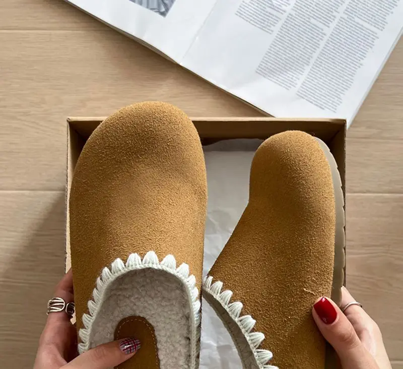 Designer Brand Thick-soled Leather Plush Slippers Women's Winter New Wear Casual Plus Cashmere Warm Half Drag Sandalias De Mujer