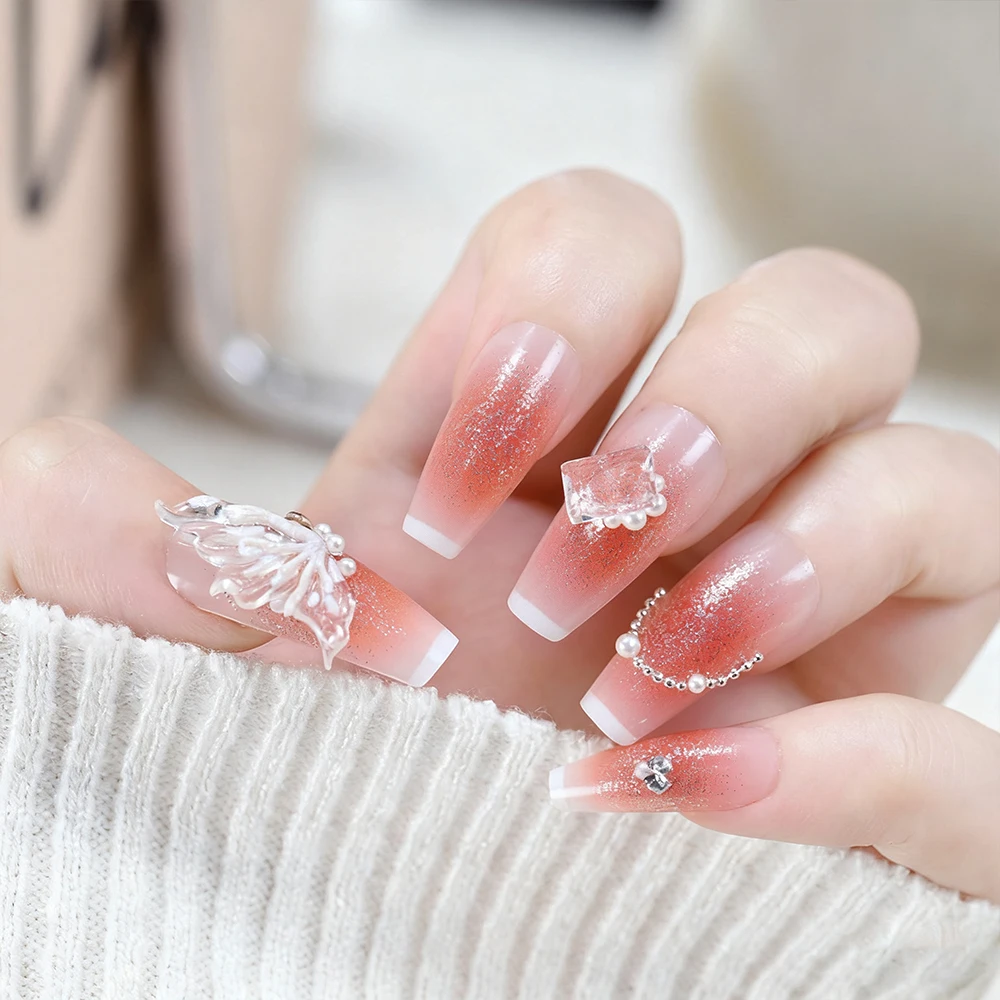 24 pçs francês glitter blush unhas falsas com gelo 3d borboleta transparente, pérola, gema imprensa artesanal em unhas cobertura completa unhas falsas