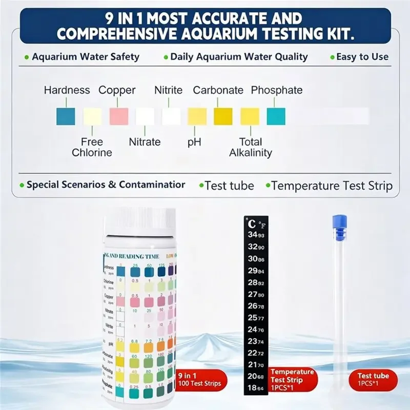 100 Count A74E-Fish Tank Water Test Kit 9 in 1 Test Aquarium Strips for Freshwater & Saltwater Nitrate Nitrite PH