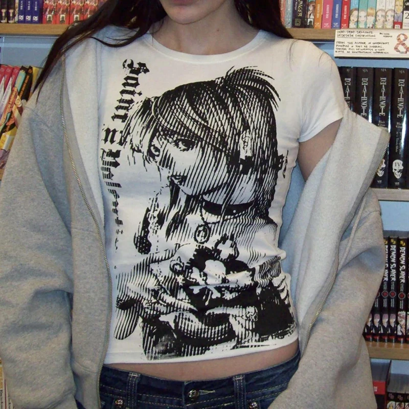 Y2k anime Streetwear O-neck 90s atasan cetak teks wanita pakaian Harajuku sederhana Vintage Crop Tee estetika emo kasual T-shirt