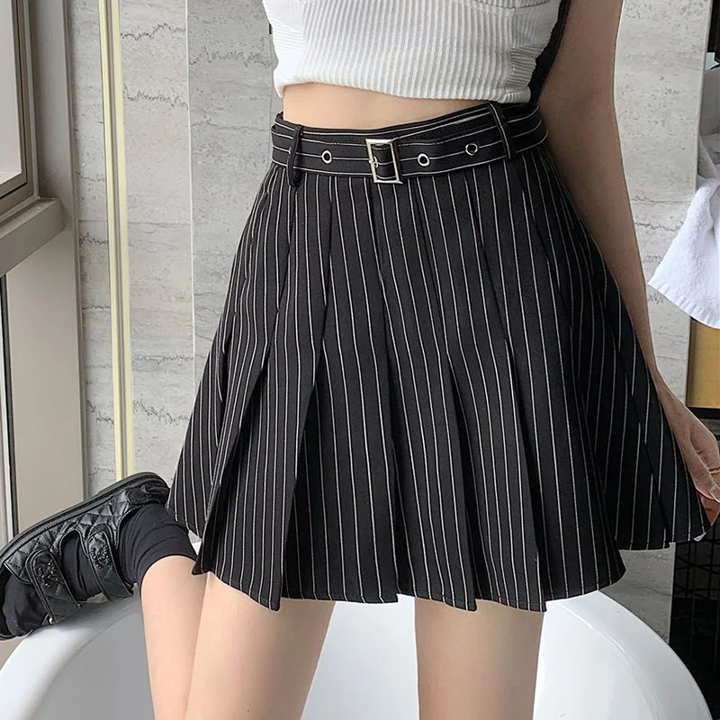 

HOUZHOU Striped Pleated Skirt Women 2023 Summer Vintage Preppy Belt High Waist A-line Mini Skirt for Girls Korean Style Casual