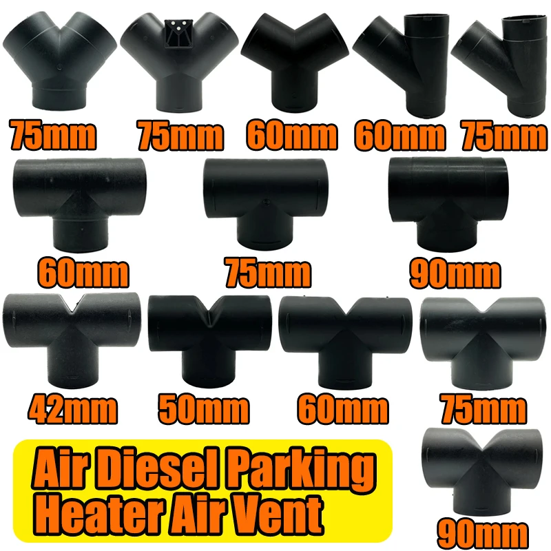 42/60/75/90mm Air Vent Y T Flat Piece Ducting Pipe Outlet Exhaust Joiner Splitter For Webasto Eberspaecher Diesel Parking Heater