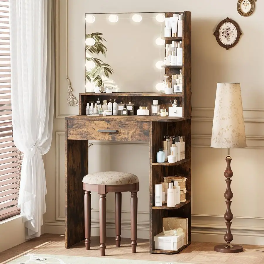 

Makeup Vanity Desk with Mirror and Lights, 26.4Small Vanity Mirror with Lights with Large Drawer and 6 Level Storage, White Vani