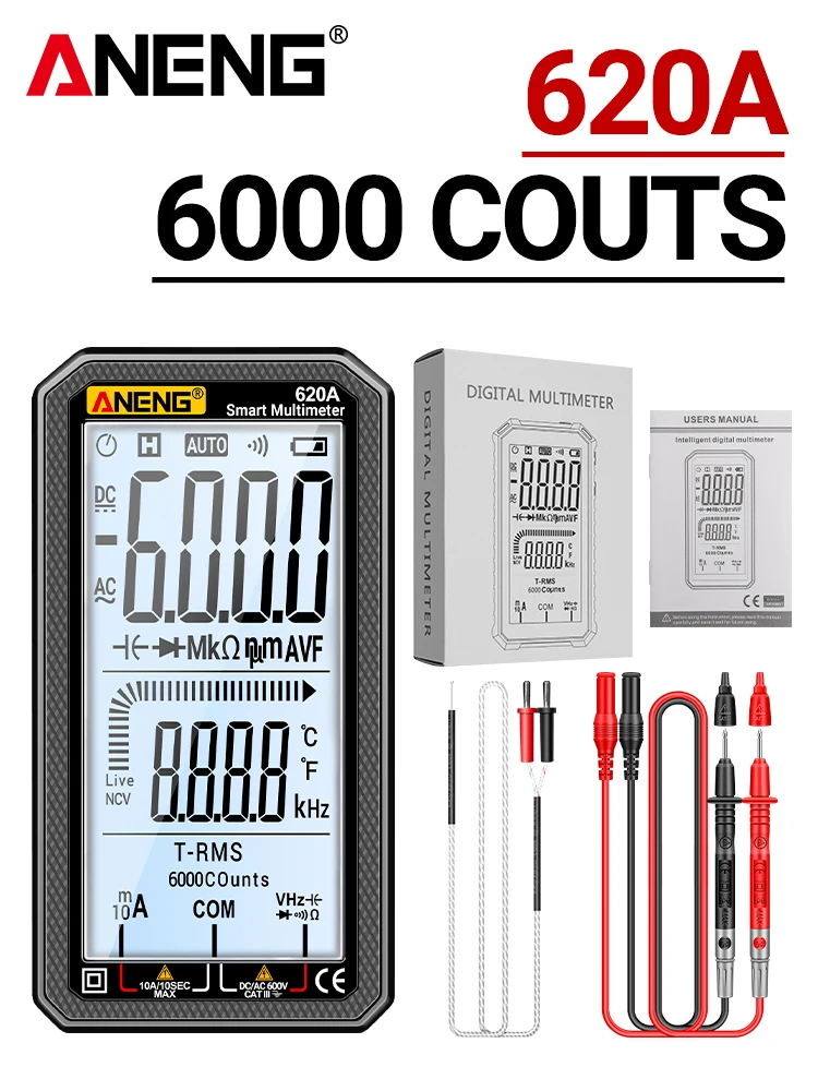 ANENG 620A Digitales Multimeter 6000 Zählungen Automatische Bereichswahl AC/DC Spannung Strom Widerstand Kapazität Frequenz Temperatur Tester NCV Null- und Phasenleitererkennung Datenhaltefunktion