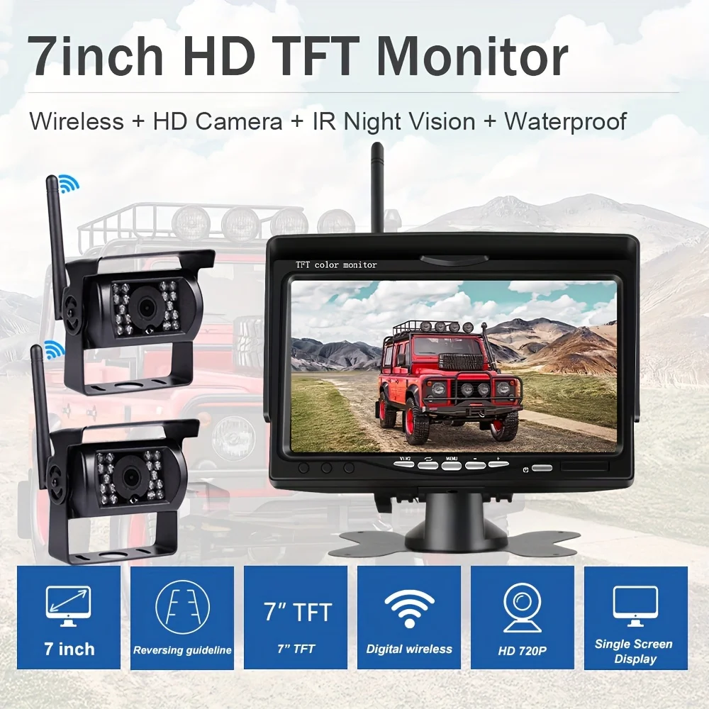 

2-Camera Wireless 7 HD Backup Monitor Kit - Crystal Clear Rear View for Trucks, Trailers & Buses - Seamless Wireless Setup