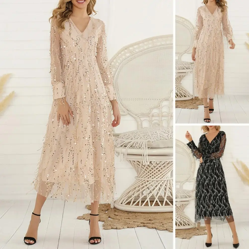 

A-line Mesh Dress Elegant Sequin Tassel V Neck Evening Dress with A-line Pleats Slim Waist for Wedding Cocktail for Banquet