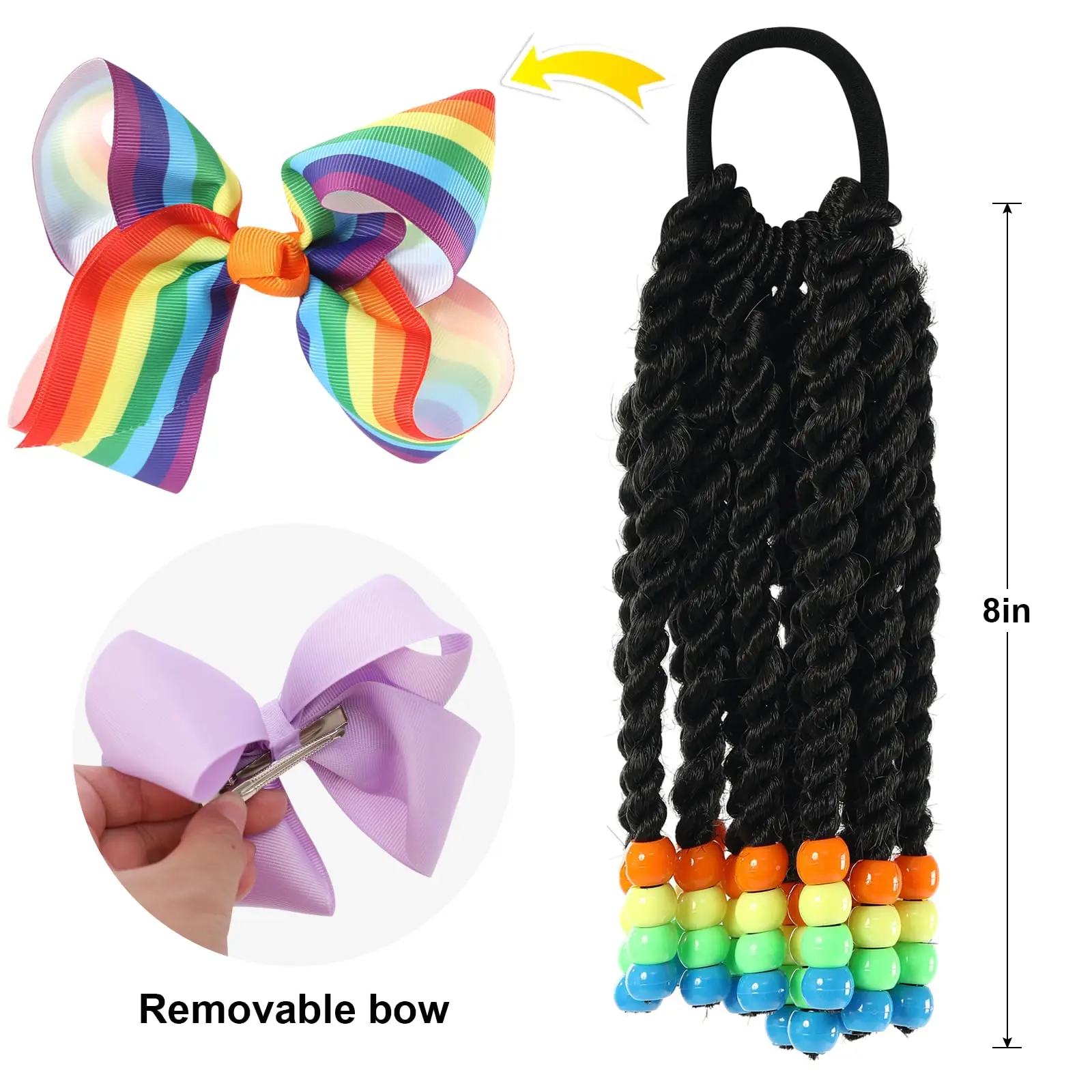 

Kids Detachable Hair Extension with Beads Rainbow Bow Twisted Hair Piece Kid Ponytail Synthetic Ponytail for Kids