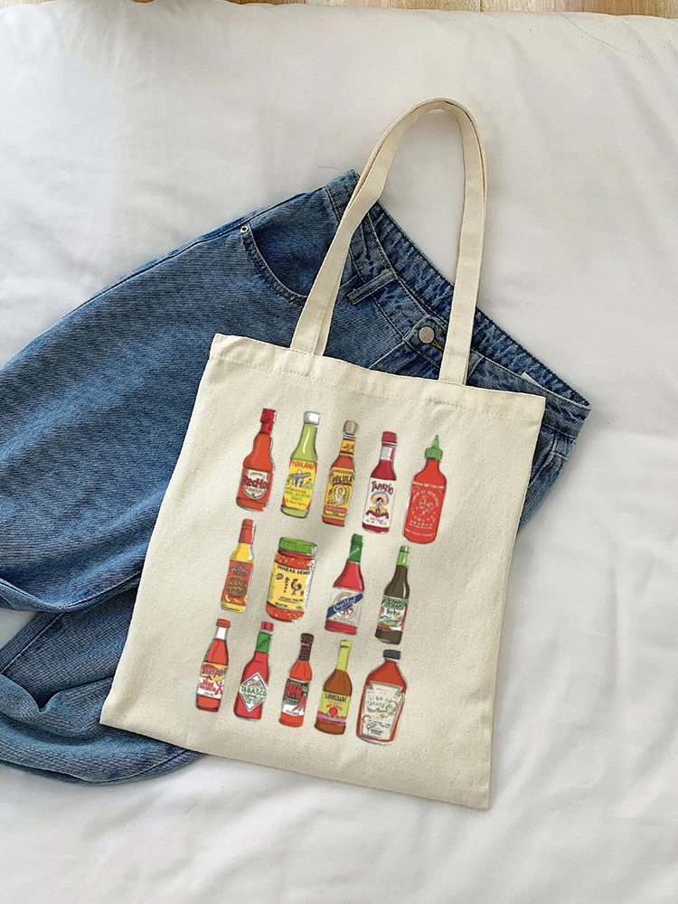 1pc Vintage Hot Sauce Pattern Tote Bag Cute Shopping Bag Carrier Bag Casual Canvas Shoulder Bag Handbag & Shopping Gift Bag