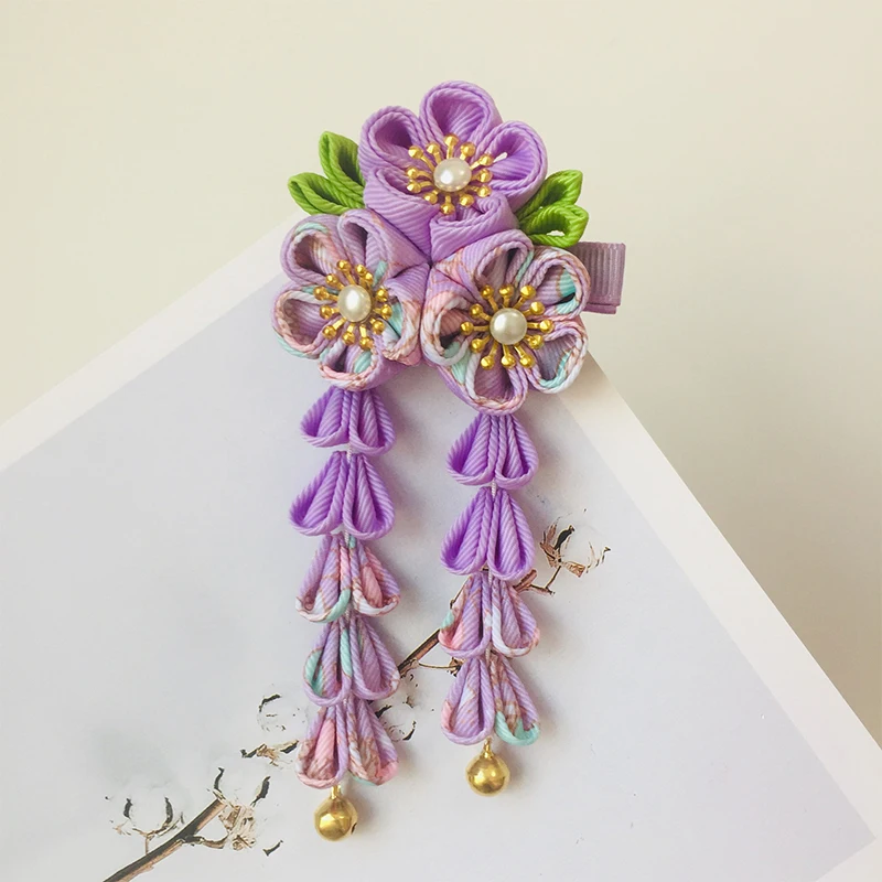 Japanische Kimono Stoff Blume Faltfächer Kinder Haarschmuck Clip Quaste Kopfbedeckung Kopfschmuck Haarspange