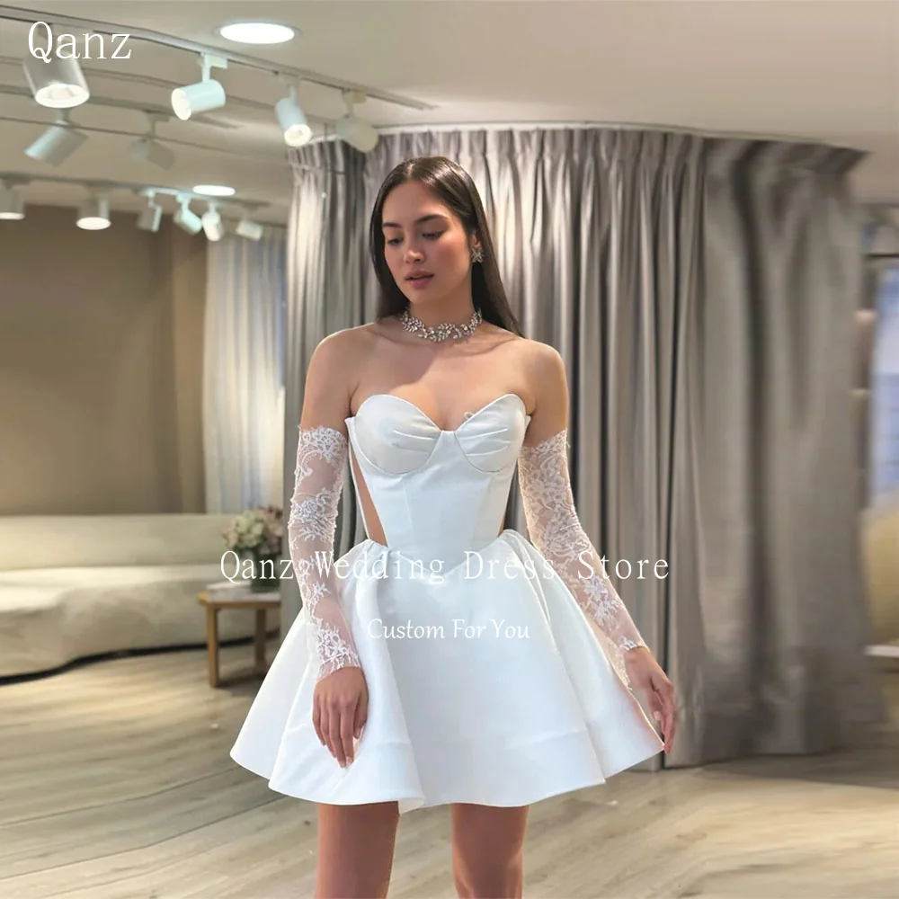 Qanz White Satin Wedding Dresses Women Sweetheart Short A Line Vestidos De Novias Civil Removable Sleeves Bridal Gown Customized