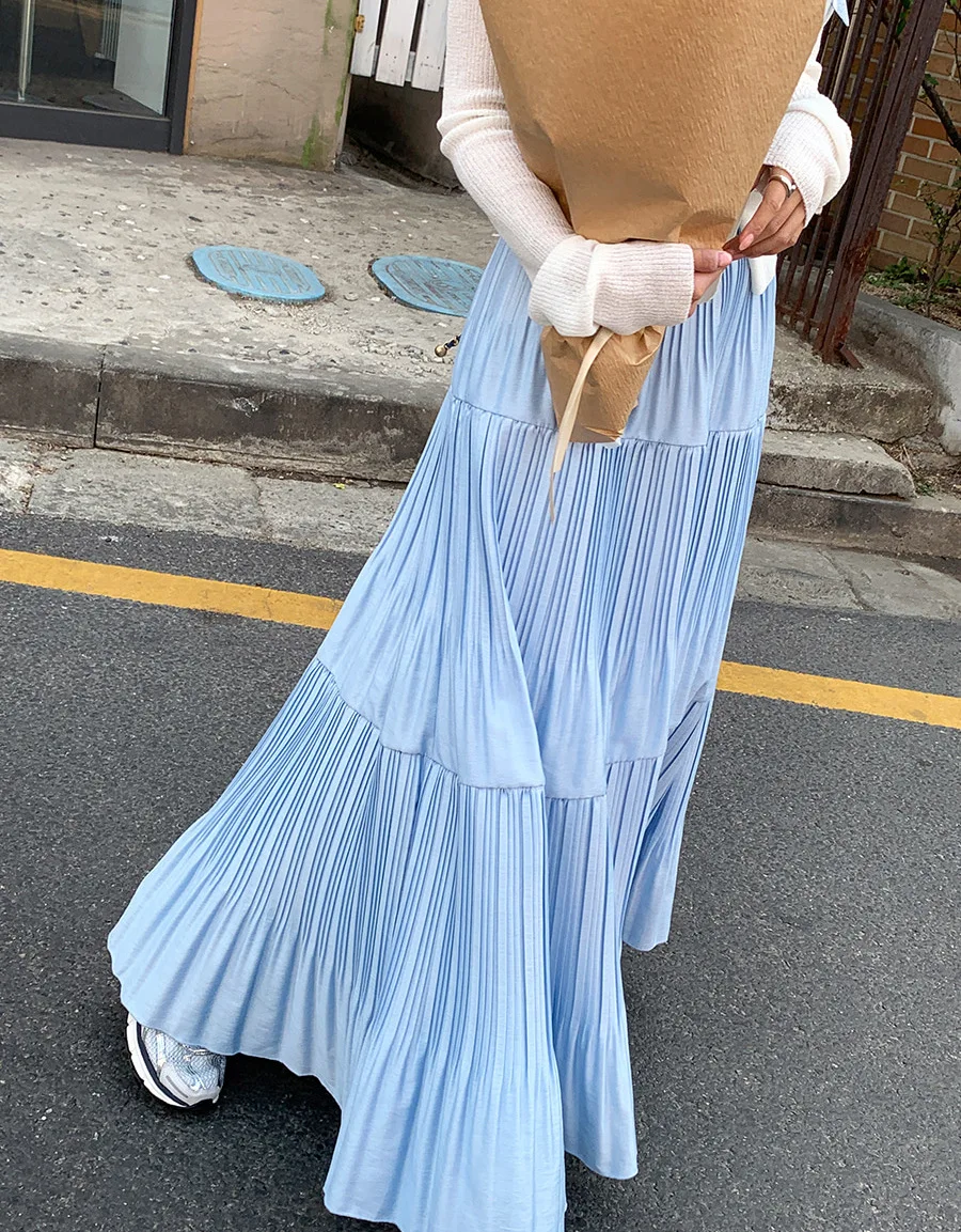 DSMTRC Irregular Design Solid Long Skirt For Woman High Waist Bodycon Large Hemline Pleated Maxi Skirts Female Elegant Dresses