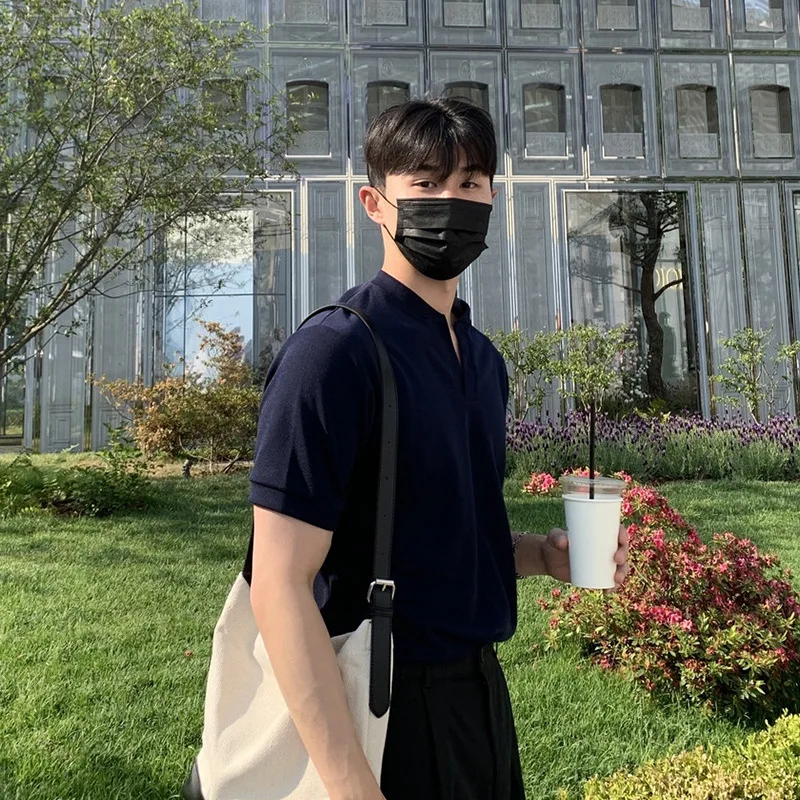 Korean Fashion Pure Cotton Men Short Sleeved Shirt V-neck Summer Breathable Casual Shirts Trend Simple Dark Blue Black Gray Top