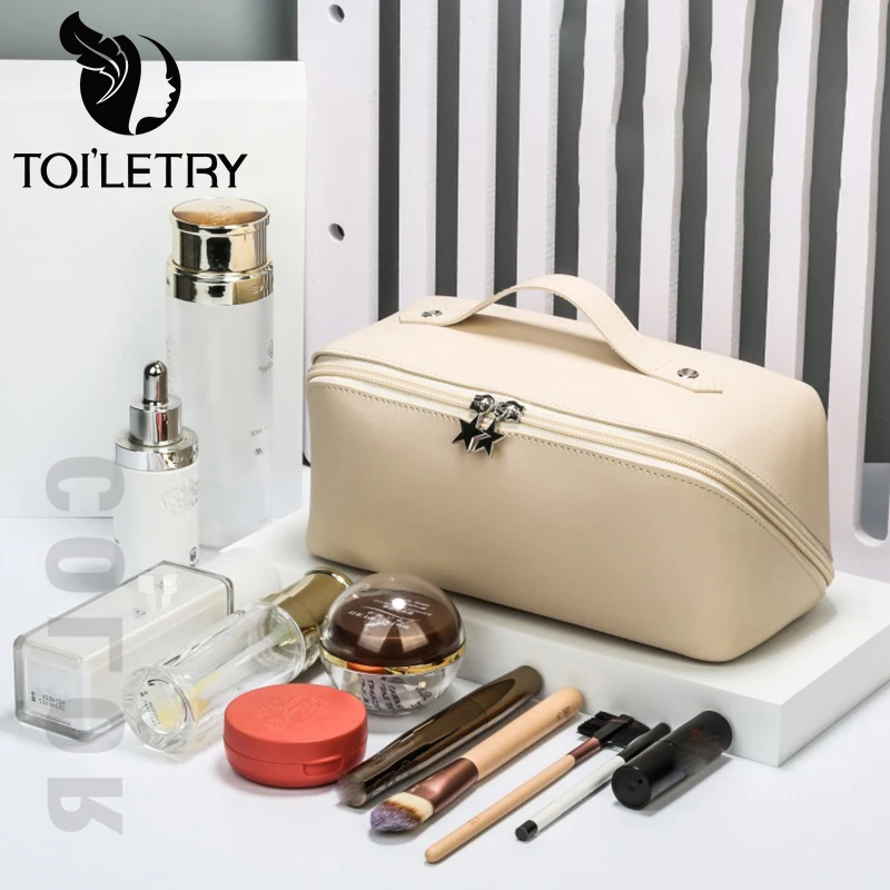 Toiletry Cosmetic Bag For Women Solid Color Pu Leather Star Zipper Make Up Organizer Pouch Pillow Makeup Case Elegant Hangbag