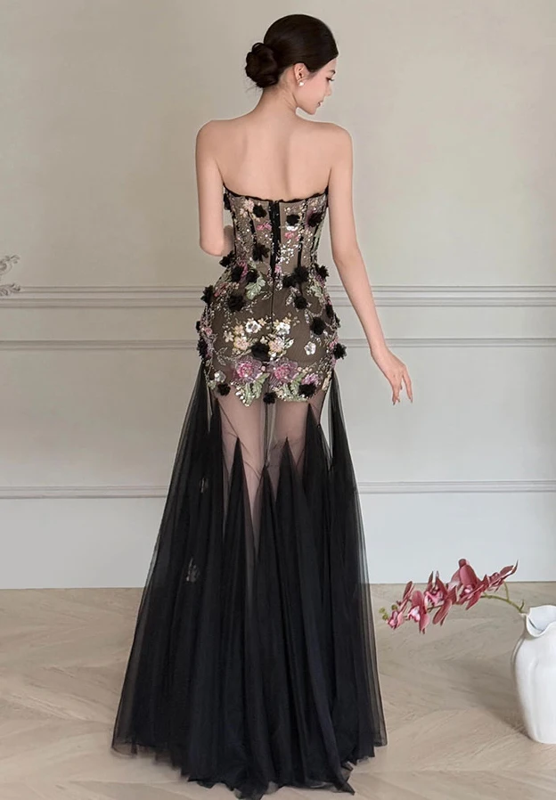 L & P DQL Studio Sexy noir robes de soirée sans bretelles fermeture éclair dos Tulle avec broderie fleurs perles paillettes cristal robe de soirée