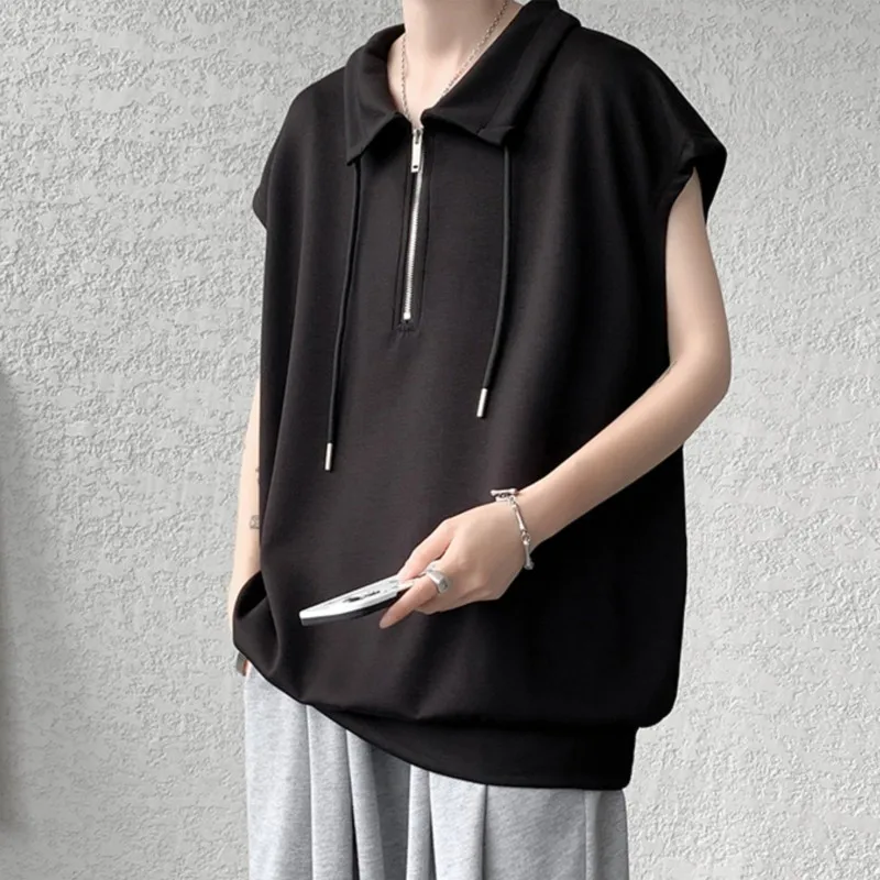Sleeveless Tshirt Men Turn-down Collar Tanks Drawstring Vest Summer Simple Breathable Teenager Fashion Sleeveless Casual Tops