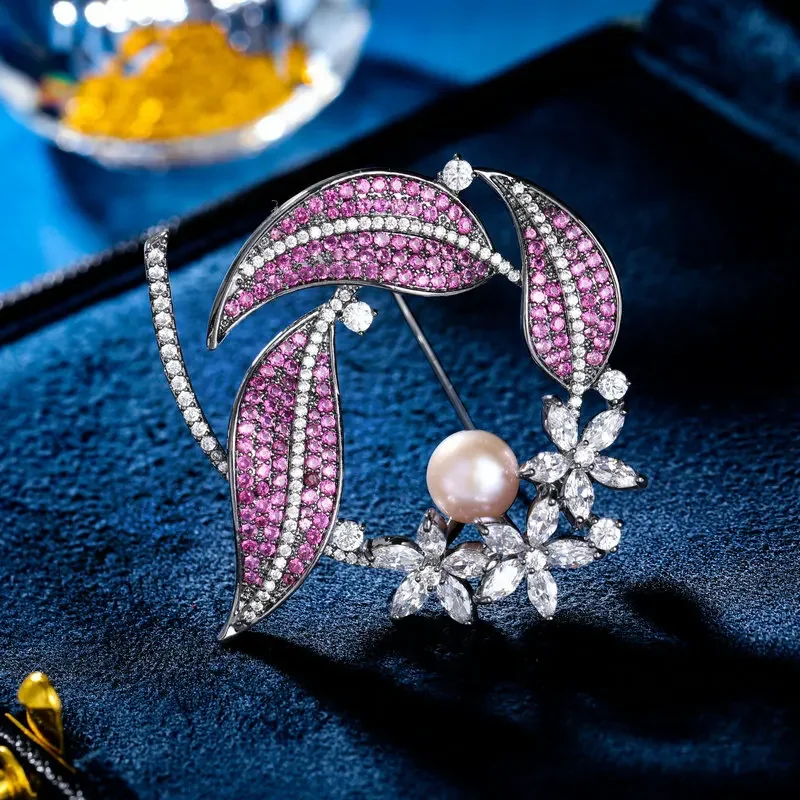 Брошь-аксессуар для пальто во французском стиле ретро для женщин, фиксированная булавка для одежды, брошь в виде листьев жемчуга циркона9521