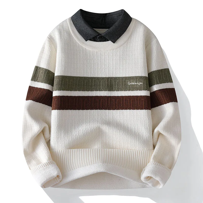

Брендовый мужской трикотаж с длинными рукавами, ложный двухсекционный воротник рубашки, вышивка букв, новый зимний пуловер, повседневная мужская одежда с цветными блоками