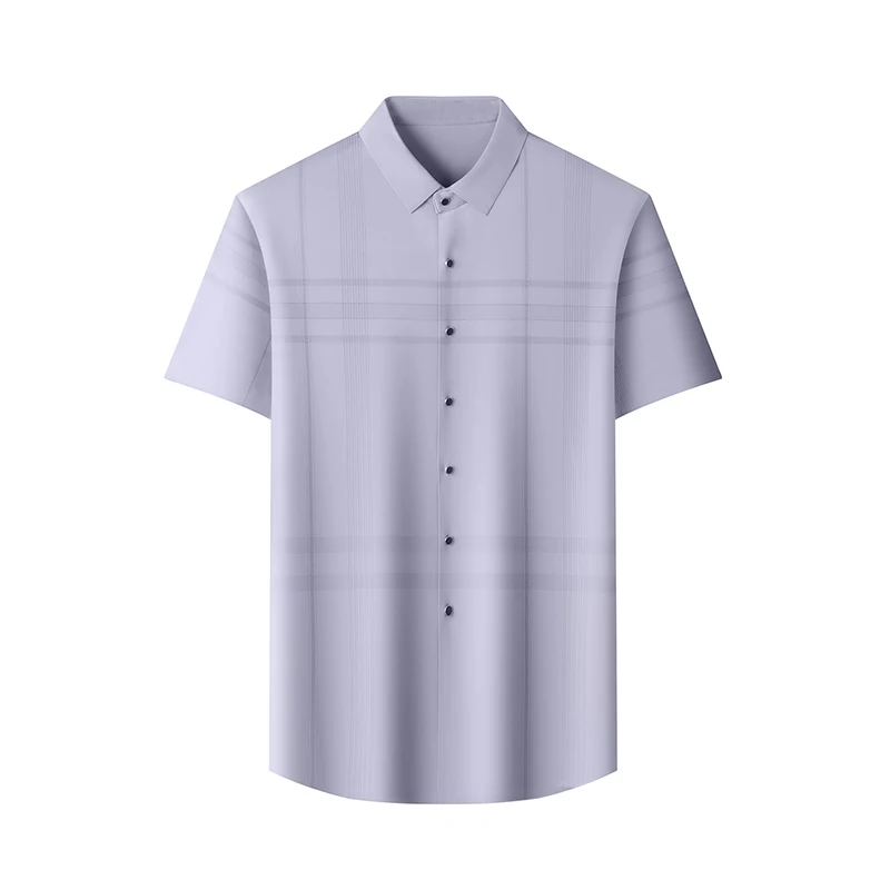 

TFETTERS Summer Business Men Shirt Fit Thin Grid Stripe Print Smooth Ice Silk Office Blouse for Man Quick Dry Anti Wrinkle