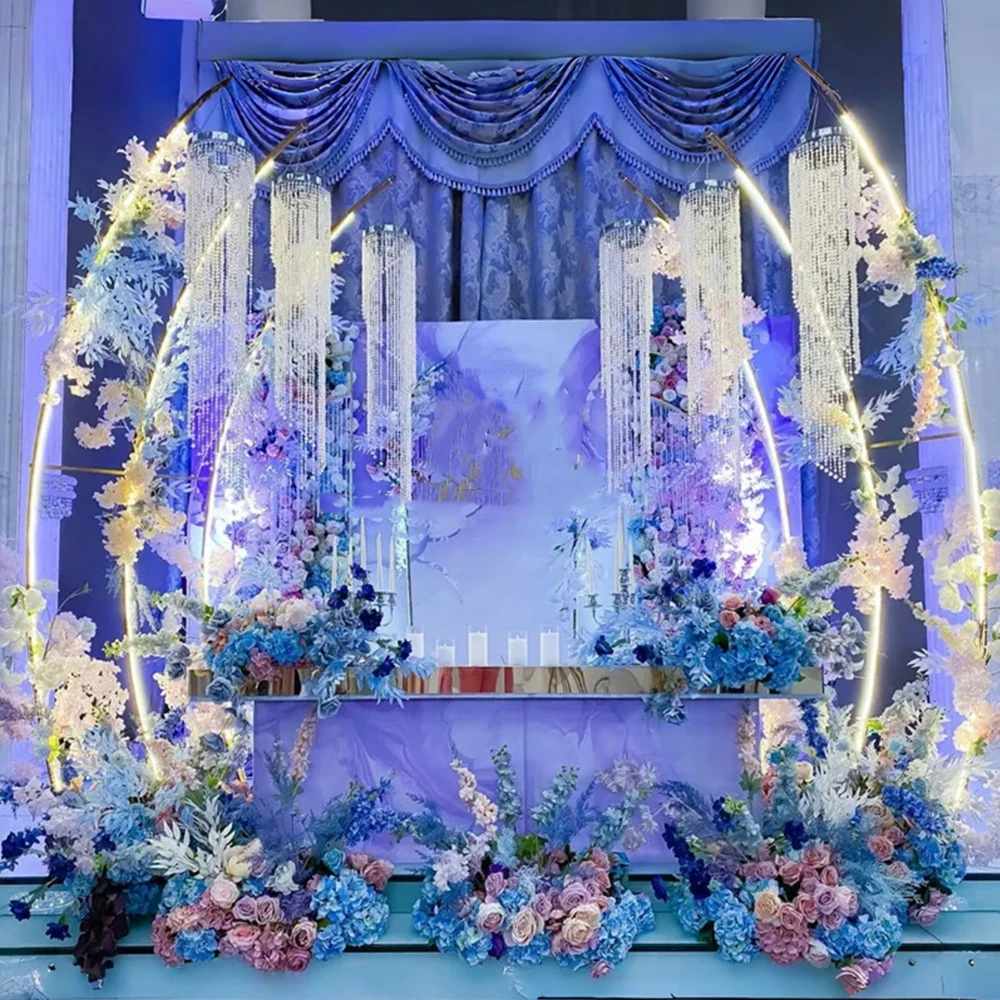 

6pcs Wedding Aisle Decoration Chandelier Stand Hanging Circle Curtain LED Light Strip Backdrop Stand Arch