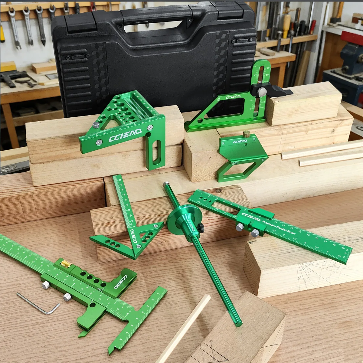 Woodworking Plans Free - Houtbewerkingsmeetgereedschapset met groene 10-delige opbergdoos Hulpstuk