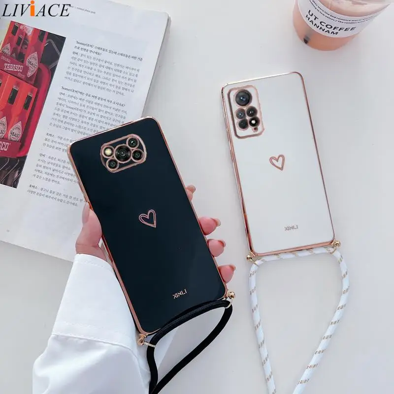 Poco X4 Pro Love Heart Crossbody Lanyard Strap Phone Case On For Xiaomi Mi Poco X3 Nfc Pro X5 M4 Pro 4G 5G M3 F3 C40 M5 Cover