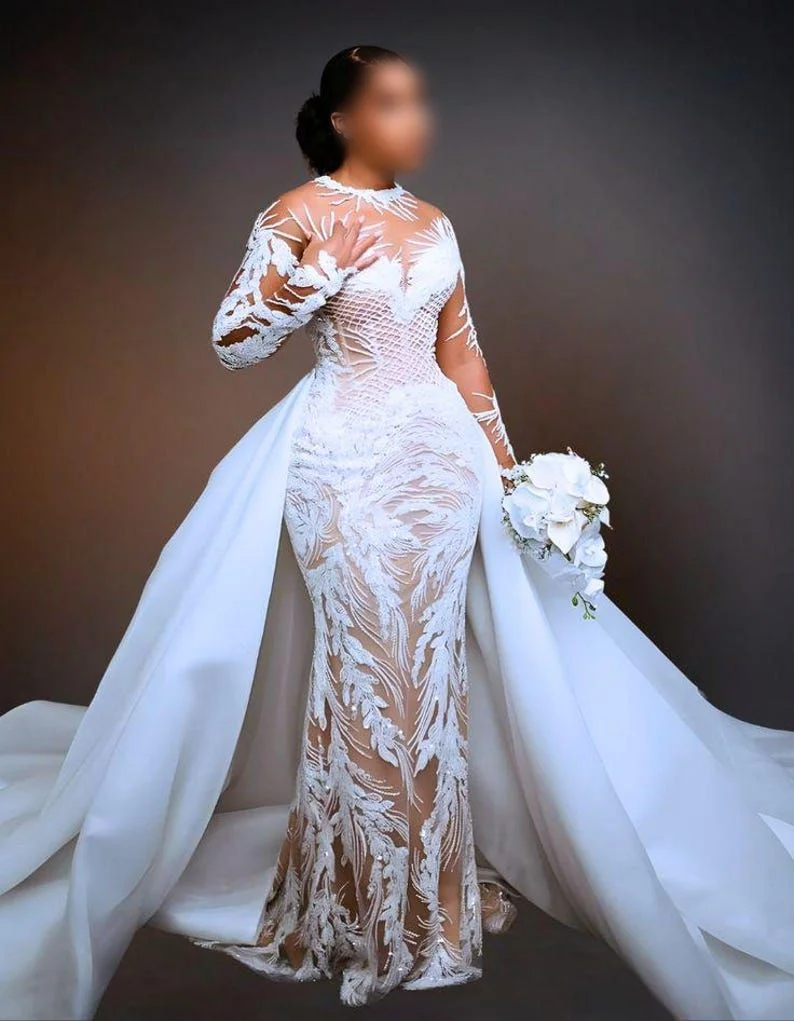 White Sexy See Through Feeling Wedding Dress Long Sleeve Fishtail With Detachable Dragtail South Africa Bridal Gowns Customized