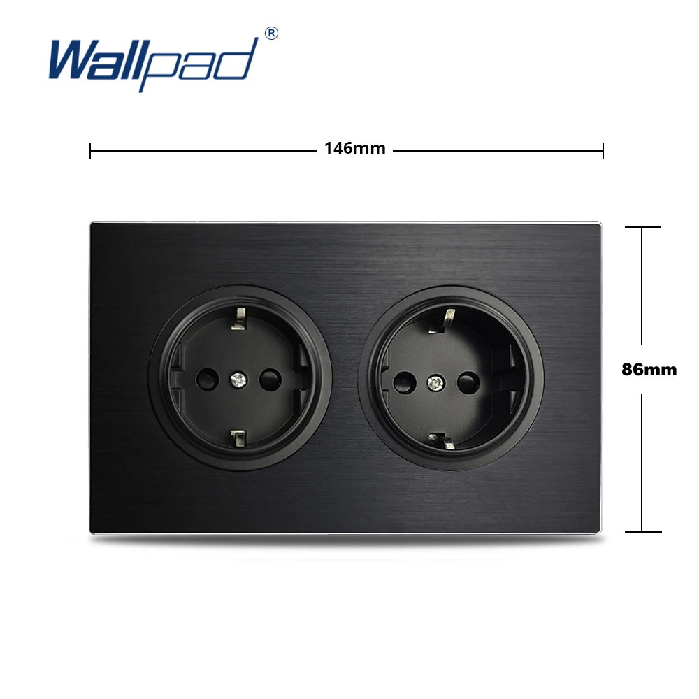 Double EU Wall Socket Matte Black Aluminum Frame Electrical Power Outlet, 146 * 86 mm Brushed Metal Panel, Wallpad L6