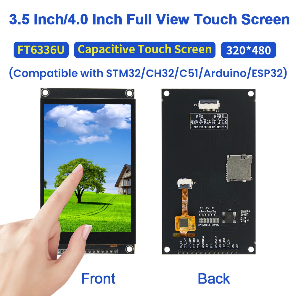 

3,5-дюймовый/4,0-дюймовый емкостный сенсорный экран 320x480 с полным обзором, цветной экран 65K, совместимый с Arduino/ESP32/STM32 с кабелем