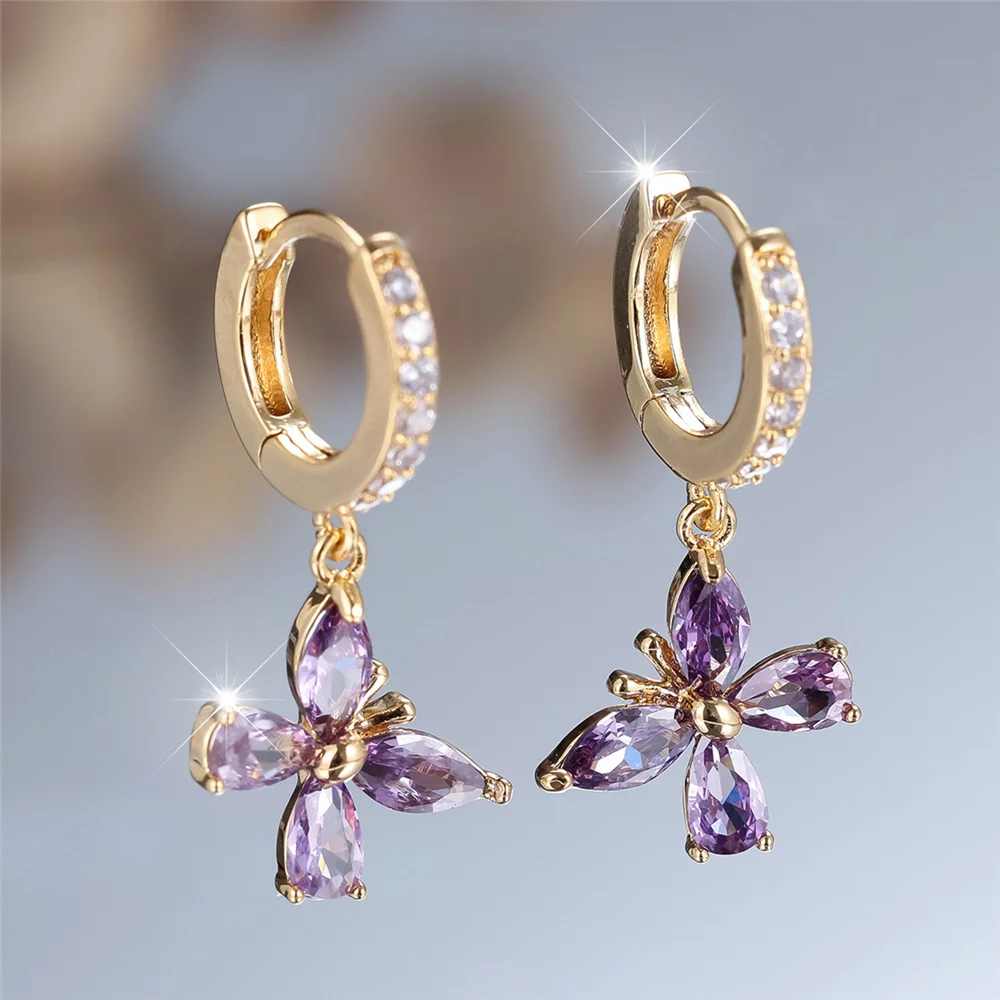 Trendy Crystal Purple Zircon Stone Cute Butterfly Hoop Earrings For Women Vintage Gold Color Wedding Jewelry