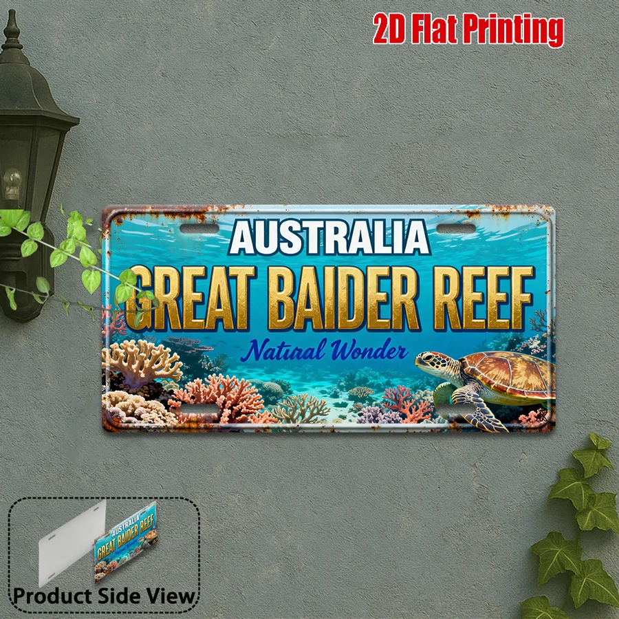 Australia Great Barrier Reef Natural Wonder 2D Flat Printing License Plate Style Metal Tin Sign, Australian Marine Life Theme