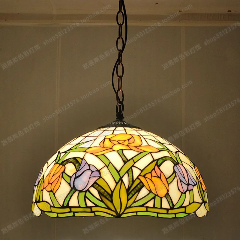 16 Inch European Style Tulip Pendant Light, Tiffany Style Restaurant Colored Glass Art Lighting, Antique Bar Fashion Countryside