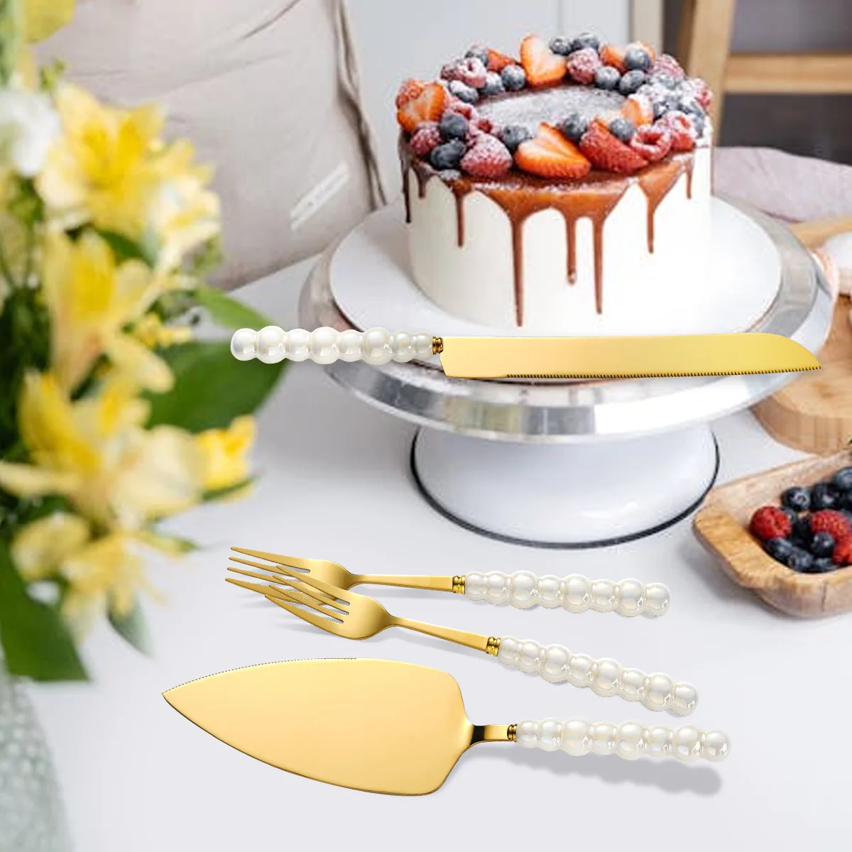 Creative Pearl Ceramic Handle Cake Knife and Spatula Set Steel Stainless Cheese Slicer Pizza Knife Dessert Fork