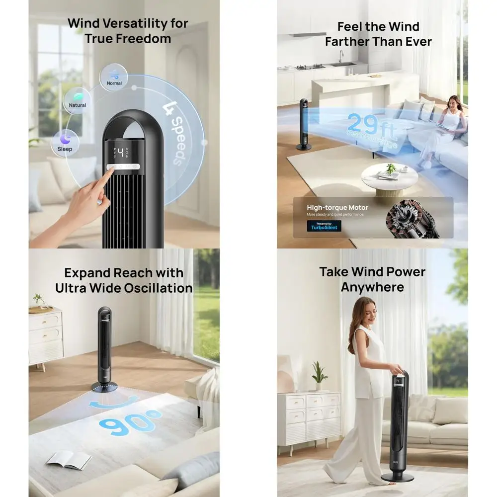 

Черный 90 ° Осциллирующий башенный вентилятор с 4 скоростями, 3 режимами, ультратихий, поток воздуха 25 футов/с, таймер на 8 часов, пульт ДУ для спальни, гостиной