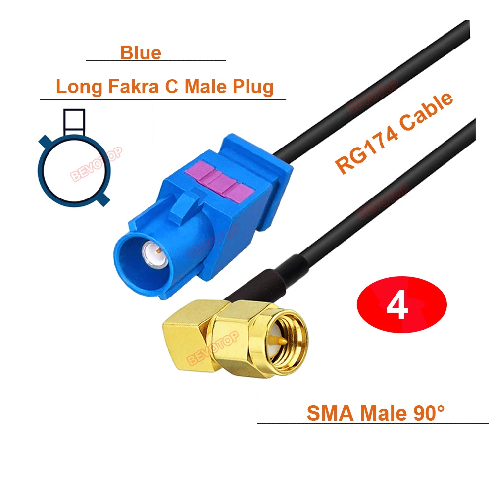 1PCS Fakra C Male to SMA Male Straight / Right Angle 90° Plug RG174 Pigtail GPS Antenna Extension Jumper BEVOTOP RF Coax Cable