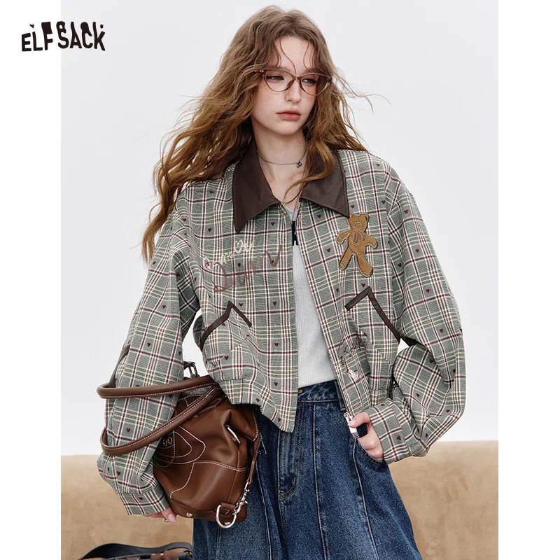 

ELFSACK 2025 Autumn New Arrival Cute Color Block Plaid Bear Star Patches Applique Kids Outerwear Jacket For Woman