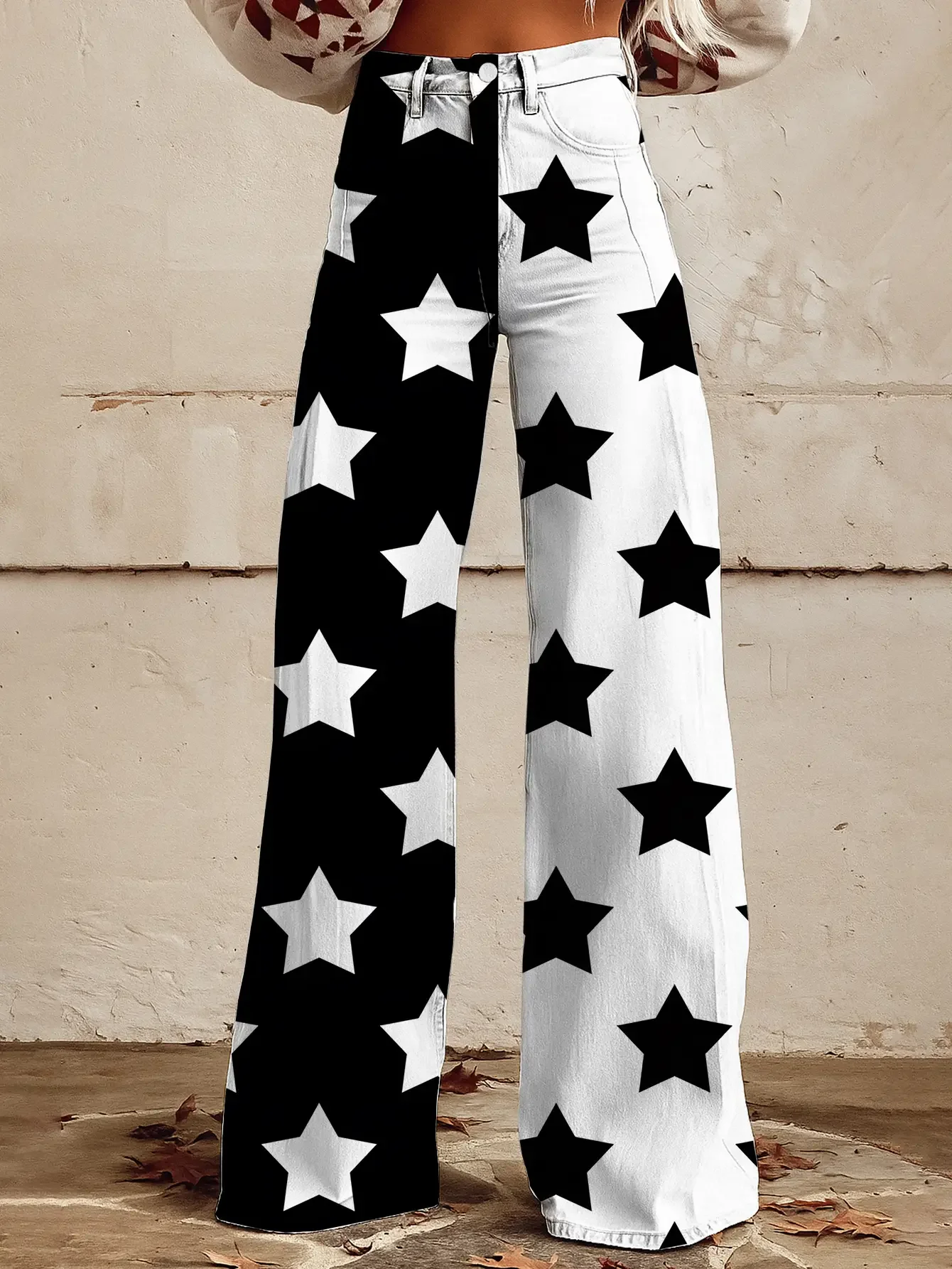 

Women's new printed jeans with imitation denim fabric, Black and white stitched star pattern, diverse pants for women